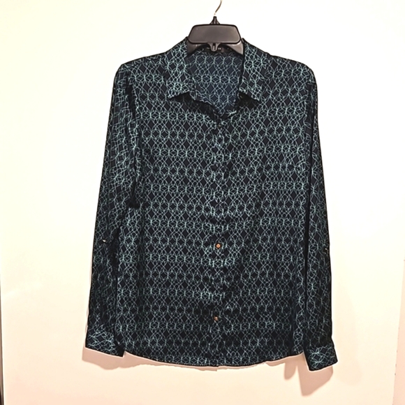 The Limited black green circular print blouse Med button up sleeve office - Picture 2 of 6